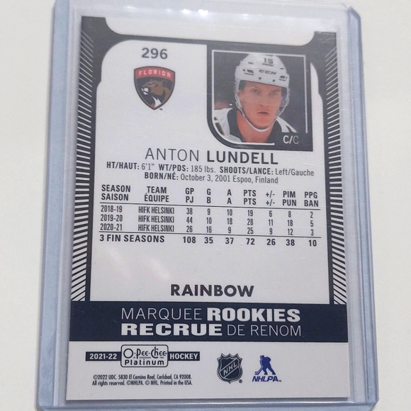 Antonio Lundell Rainbow Marquee Rookies Card OPC Platinum 2021/22 - Picture 2 of 2